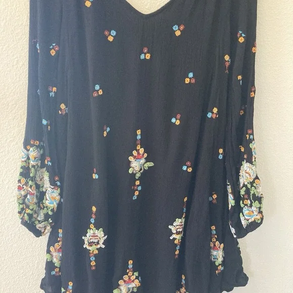 Free People Mini Dress Size XS Oxford Embroidered Black Floral Boho Goth Witchy - Picture 4 of 16